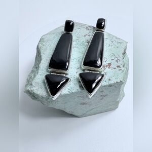 Vintage Rare Sterling Silver & Onyx Articulated Arrow Drop Earrings on Posts